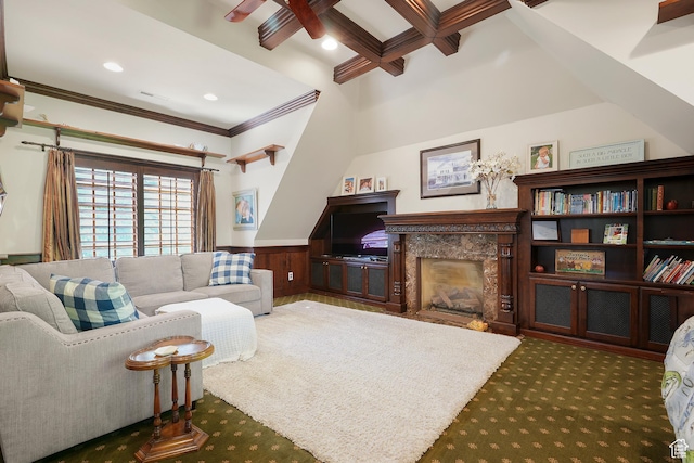 2051 E Normandywoods Ct, Holladay, UT 84117 - living area with carpet floors, crown molding, beamed ceiling, a high end fireplace, and wainscoting