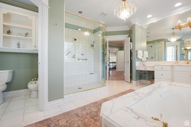 2051 E Normandywoods Ct, Holladay, UT 84117 - full bath with a chandelier, a shower stall, ornamental molding, a bidet, and vanity