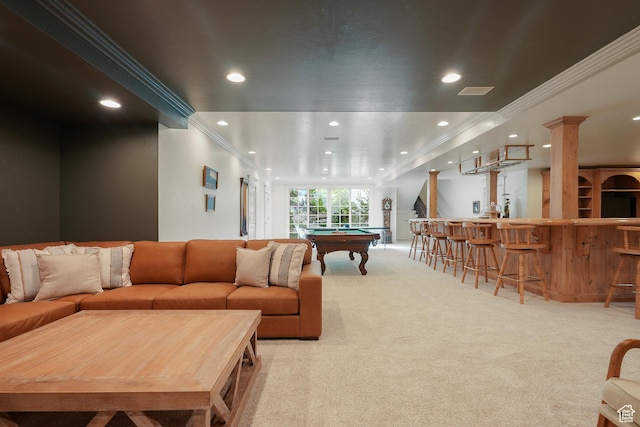 2051 E Normandywoods Ct, Holladay, UT 84117 - rec room with billiards, light carpet, ornamental molding, recessed lighting, and bar with sink