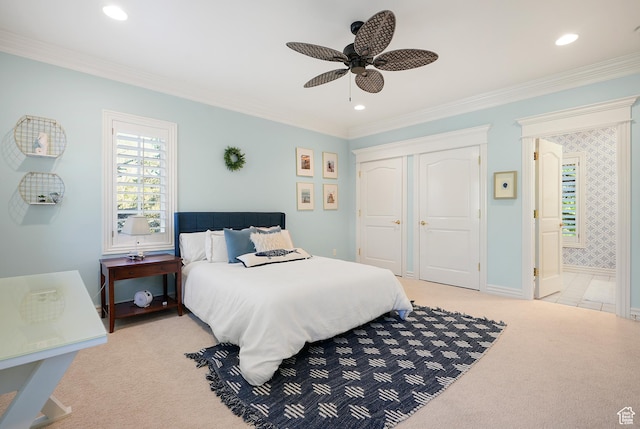 2051 E Normandywoods Ct, Holladay, UT 84117 - bedroom featuring light carpet, crown molding, recessed lighting, a closet, and ceiling fan