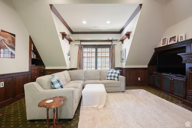 2051 E Normandywoods Ct, Holladay, UT 84117 - carpeted living area featuring ornamental molding, a wainscoted wall, and wooden walls