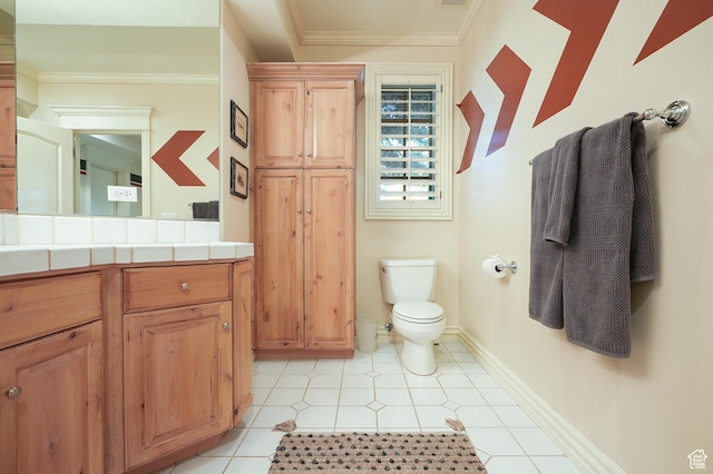 2051 E Normandywoods Ct, Holladay, UT 84117 - bathroom featuring toilet, vanity, ornamental molding, baseboards, and tile patterned flooring