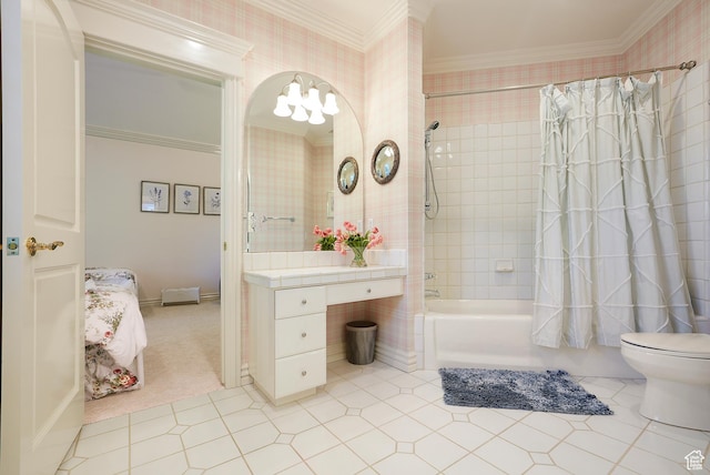 2051 E Normandywoods Ct, Holladay, UT 84117 - ensuite bathroom featuring shower / bath combo, toilet, ornamental molding, tile patterned flooring, and vanity