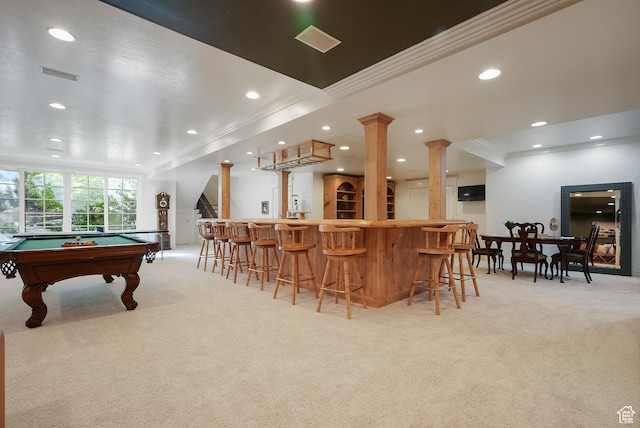 2051 E Normandywoods Ct, Holladay, UT 84117 - rec room featuring crown molding, light colored carpet, bar area, ornate columns, and billiards table