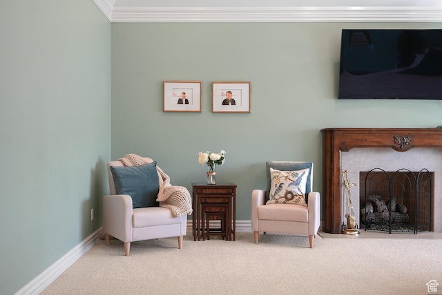 2051 E Normandywoods Ct, Holladay, UT 84117 - sitting room featuring ornamental molding, carpet, baseboards, and a fireplace