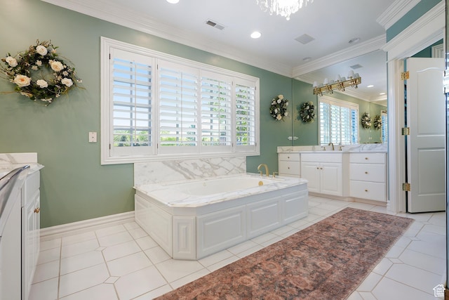 2051 E Normandywoods Ct, Holladay, UT 84117 - bathroom with vanity, a bath, crown molding, baseboards, and tile patterned floors