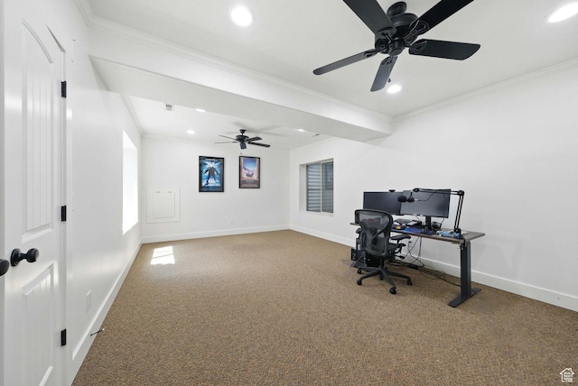 10416 S Vermillion Dr W, South Jordan, UT 84009 - unfurnished office with carpet flooring, a ceiling fan, crown molding, recessed lighting, and baseboards