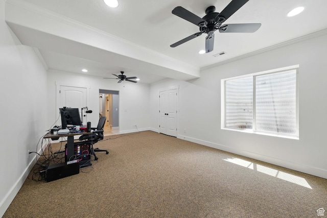 10416 S Vermillion Dr W, South Jordan, UT 84009 - carpeted home office featuring recessed lighting, crown molding, baseboards, and a ceiling fan