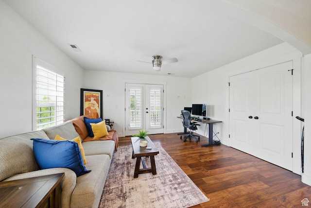 10416 S Vermillion Dr W, South Jordan, UT 84009 - living room featuring wood finished floors, french doors, a desk, arched walkways, and a ceiling fan