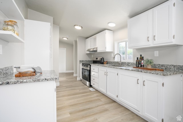 1623 W Claybourne Ave S, West Valley City, UT 84119 - kitchen with electric range, a sink, light wood-style flooring, open shelves, and under cabinet range hood