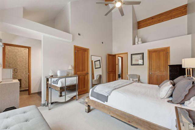 2464 Deer Lake Dr, Park City, UT 84060 - bedroom with high vaulted ceiling, baseboards, and a ceiling fan