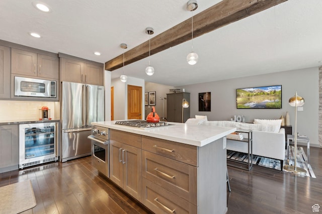 2464 Deer Lake Dr, Park City, UT 84060 - kitchen with wine cooler, stainless steel appliances, beam ceiling, dark wood-style floors, and light countertops