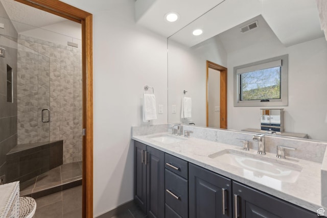 2464 Deer Lake Dr, Park City, UT 84060 - full bathroom with double vanity, a stall shower, tile patterned floors, recessed lighting, and baseboards