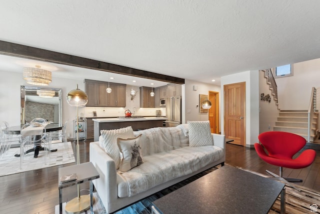 2464 Deer Lake Dr, Park City, UT 84060 - living room with dark wood finished floors, a textured ceiling, stairway, beam ceiling, and recessed lighting