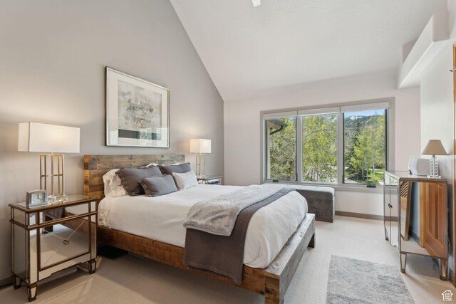 2464 Deer Lake Dr, Park City, UT 84060 - bedroom with lofted ceiling, light carpet, and baseboards