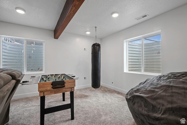 2076 E Granite Ln N Unit 145, Eagle Mountain, UT 84005 - rec room with a textured ceiling, beamed ceiling, carpet floors, baseboards, and recessed lighting