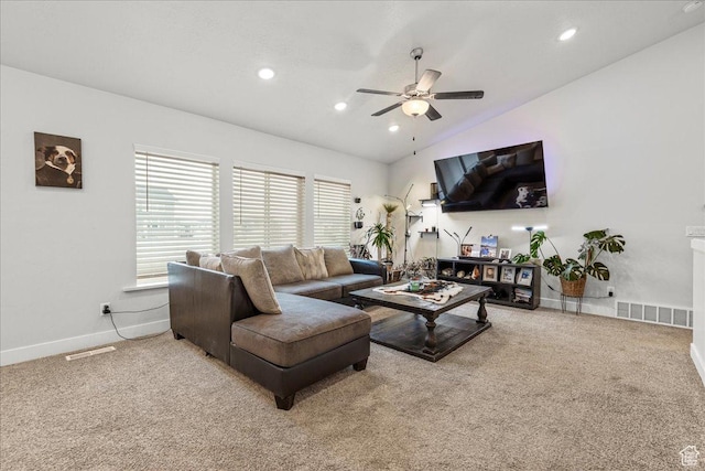 464 S Trejo Ridge Rd, Grantsville, UT 84029 - living room with vaulted ceiling, a ceiling fan, carpet floors, recessed lighting, and baseboards