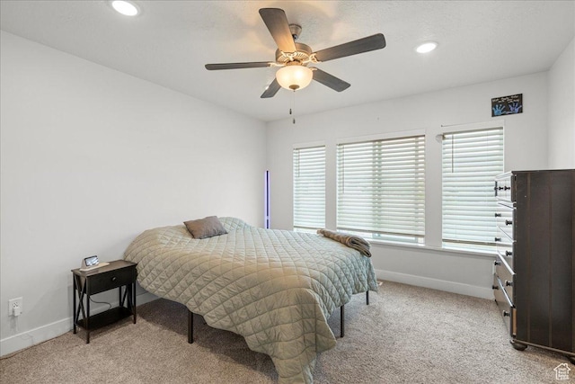 464 S Trejo Ridge Rd, Grantsville, UT 84029 - bedroom with light colored carpet, baseboards, recessed lighting, and a ceiling fan