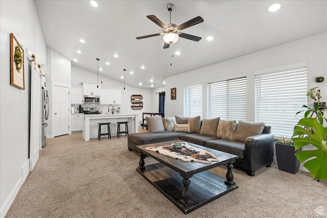 464 S Trejo Ridge Rd, Grantsville, UT 84029 - living room featuring a ceiling fan, light colored carpet, lofted ceiling, and recessed lighting