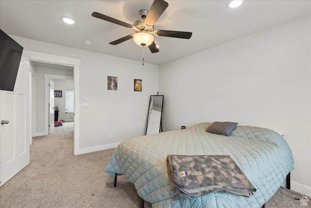464 S Trejo Ridge Rd, Grantsville, UT 84029 - bedroom featuring carpet flooring, baseboards, recessed lighting, and ceiling fan