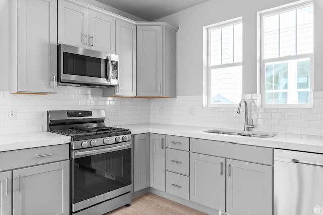 9806 N Willowbank Dr, Highland, UT 84003 - kitchen with stainless steel appliances, a sink, gray cabinets, light countertops, and decorative backsplash