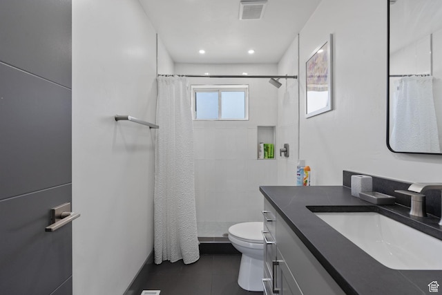 3649 S Hawkeye St, West Valley City, UT 84120 - full bathroom with toilet, vanity, tiled shower, tile patterned floors, and recessed lighting