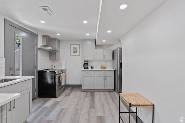 3649 S Hawkeye St, West Valley City, UT 84120 - kitchen with appliances with stainless steel finishes, wall chimney exhaust hood, light wood-type flooring, light countertops, and gray cabinets
