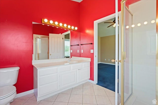 2718 W Southpointe Rd, South Jordan, UT 84095 - bathroom featuring toilet, tile patterned flooring, vanity, and a ceiling fan
