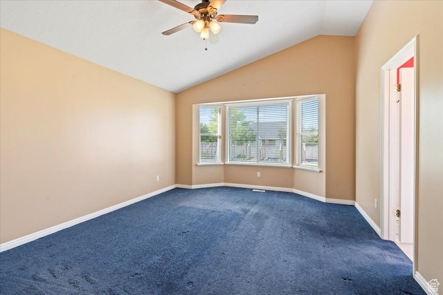 2718 W Southpointe Rd, South Jordan, UT 84095 - empty room featuring dark colored carpet, lofted ceiling, a ceiling fan, and baseboards