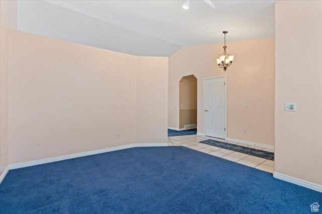 2718 W Southpointe Rd, South Jordan, UT 84095 - unfurnished room featuring arched walkways, a chandelier, lofted ceiling, baseboards, and light tile patterned floors