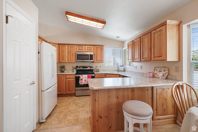 1213 E Earl Way S, Sandy, UT 84094 - kitchen featuring appliances with stainless steel finishes, a peninsula, vaulted ceiling, light countertops, and a sink