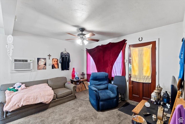4151 S 3200 W, West Valley City, UT 84119 - living room featuring carpet flooring, ceiling fan, and a wall mounted air conditioner