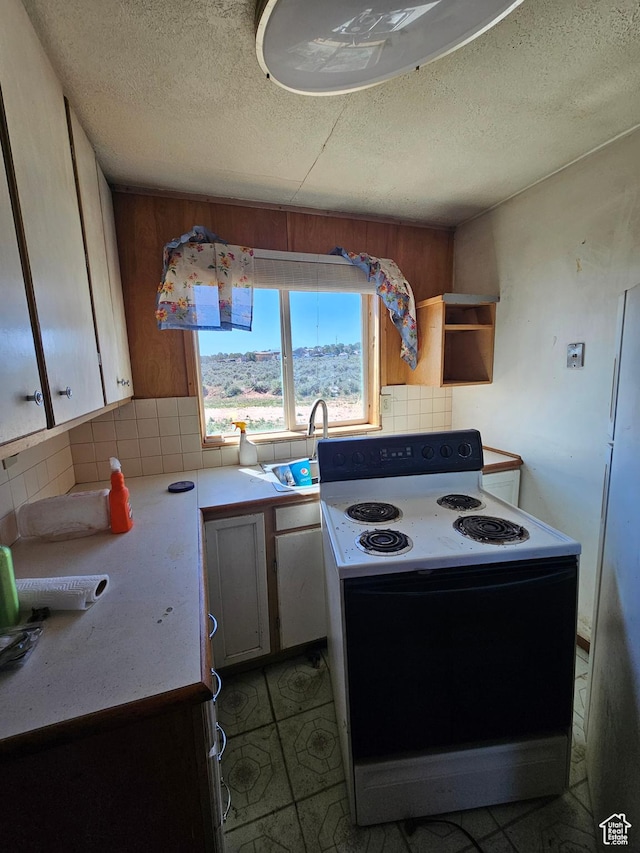 44600 W Hwy 40, Fruitland, UT 84027 - kitchen featuring electric range, tasteful backsplash, a sink, a textured ceiling, and freestanding refrigerator