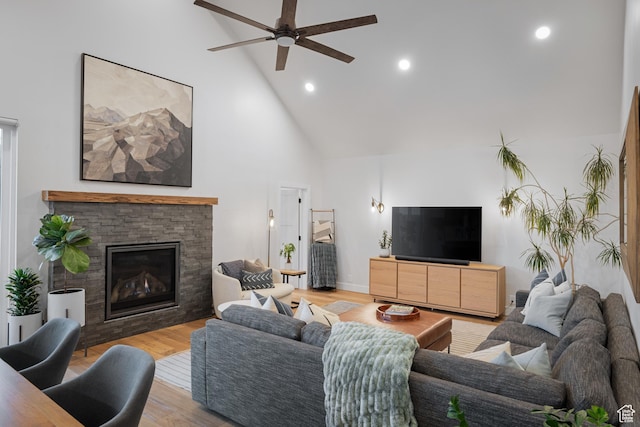 1753 Teal Dr, Kimball Junction, UT 84098 - living room featuring high vaulted ceiling, ceiling fan, wood finished floors, recessed lighting, and a fireplace