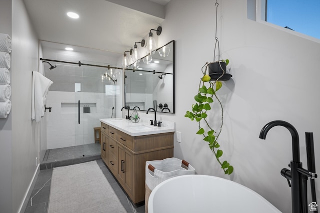 1753 Teal Dr, Kimball Junction, UT 84098 - bathroom featuring double vanity, a shower stall, a soaking tub, recessed lighting, and baseboards