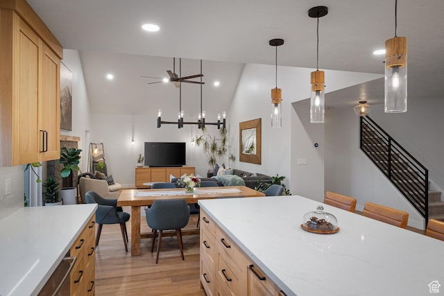 1753 Teal Dr, Kimball Junction, UT 84098 - kitchen with light wood-type flooring, open floor plan, high vaulted ceiling, recessed lighting, and light stone counters