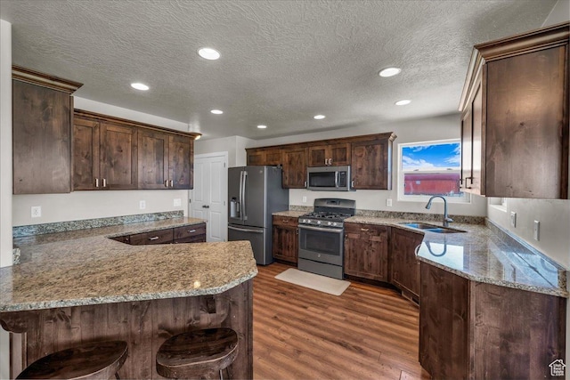 1038 S 4575 W, Cedar City, UT 84720 - kitchen with stainless steel appliances, a sink, a peninsula, wood finished floors, and light stone counters