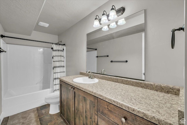 1038 S 4575 W, Cedar City, UT 84720 - full bath with toilet, vanity, shower / bath combination with curtain, stone finish flooring, and a textured ceiling
