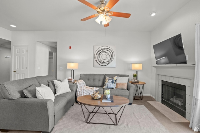 900 Bitner Rd Unit A33, Park City, UT 84098 - living room featuring a ceiling fan, a tiled fireplace, and recessed lighting