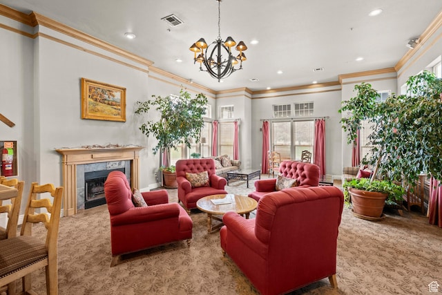 900 Bitner Rd Unit A33, Park City, UT 84098 - carpeted living room featuring crown molding, a chandelier, recessed lighting, and a fireplace