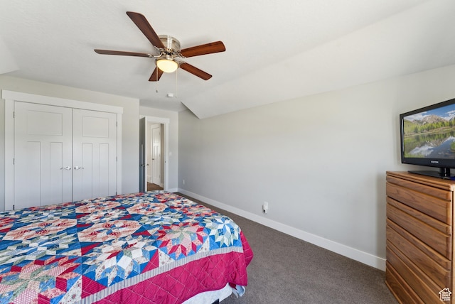 2391 S 330 E, Heber City, UT 84032 - bedroom featuring baseboards, carpet floors, a closet, a ceiling fan, and lofted ceiling
