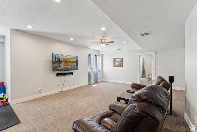 2391 S 330 E, Heber City, UT 84032 - living area featuring a textured ceiling, carpet floors, ceiling fan, recessed lighting, and baseboards