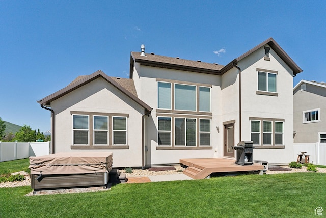2391 S 330 E, Heber City, UT 84032 - rear view of house with a hot tub, a wooden deck, and stucco siding