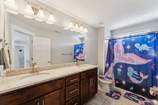 2391 S 330 E, Heber City, UT 84032 - full bath featuring tile patterned flooring, toilet, double vanity, and curtained shower