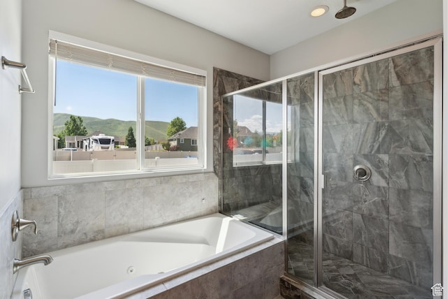2391 S 330 E, Heber City, UT 84032 - bathroom with a whirlpool tub, a stall shower, and a mountain view