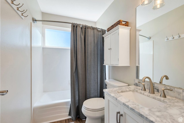 5144 W Wheatcrest Cir, West Jordan, UT 84081 - bathroom with shower / bathtub combination with curtain, vanity, toilet, and wood finished floors