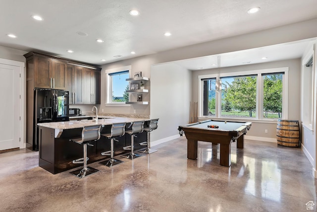 3858 E Eagle Ct, Eden, UT 84310 - rec room with concrete flooring, baseboards, recessed lighting, pool table, and a sink
