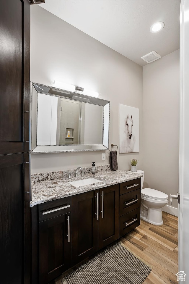 3858 E Eagle Ct, Eden, UT 84310 - bathroom with vanity, toilet, wood finished floors, recessed lighting, and a shower