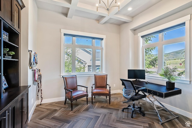 3858 E Eagle Ct, Eden, UT 84310 - office space with baseboards, recessed lighting, beamed ceiling, coffered ceiling, and a chandelier