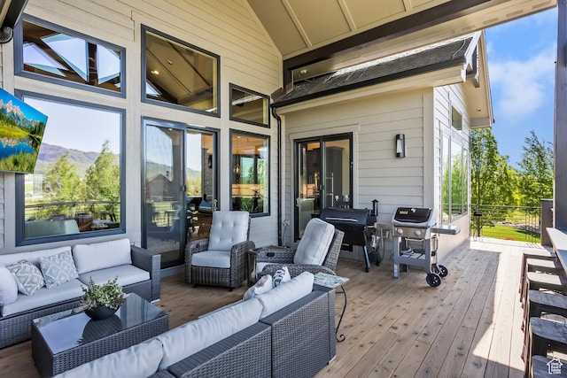 3858 E Eagle Ct, Eden, UT 84310 - wooden deck with an outdoor hangout area and a grill